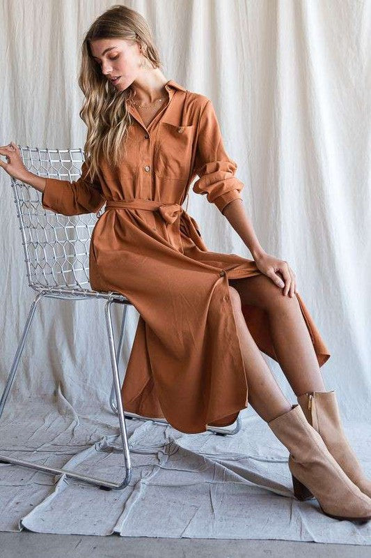 Solid Button Down Belted Long Dress