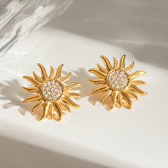 Stainless Steel Inlaid Rhinestone Sun Shape Stud Earrings