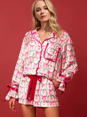 Tied Printed Collared Neck Long Sleeve Top and Shorts Set