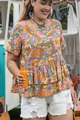 Plus Size Layered Printed Round Neck Short Sleeve Blouse