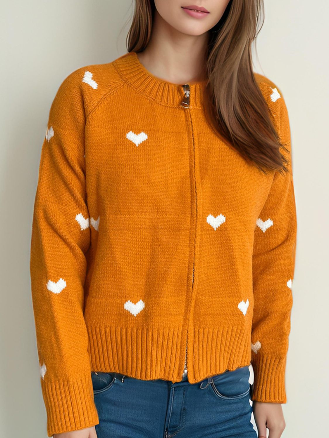 Heart Round Neck Zip Up Cardigan