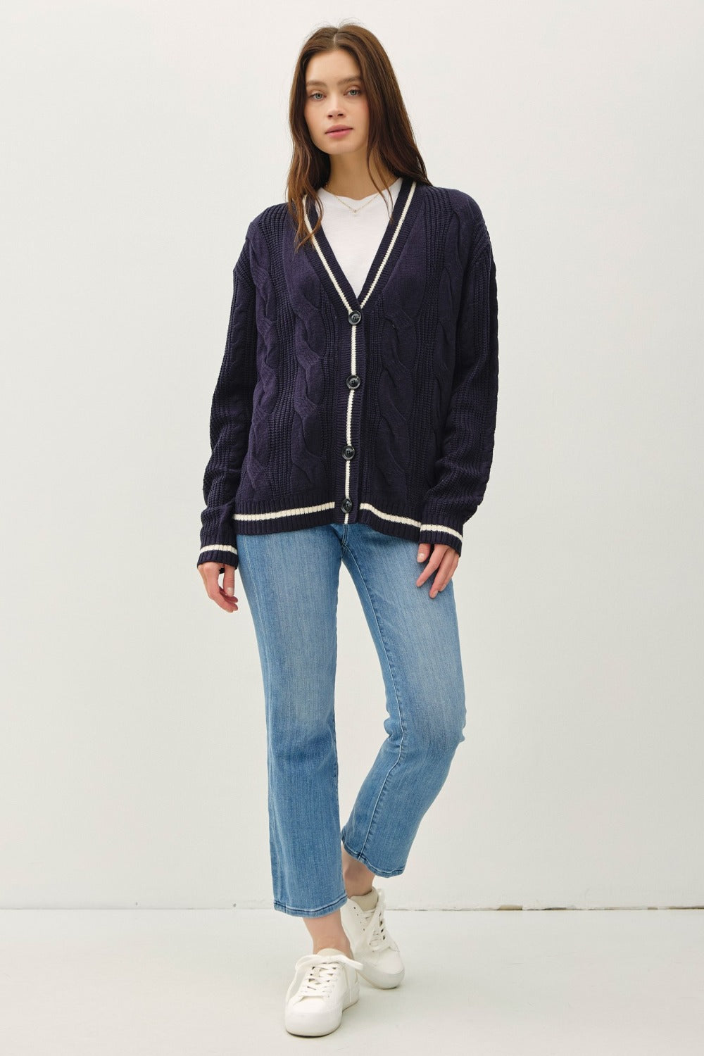 Navy Blue Be Cool Contrast Trim Cable-Knit V-Neck Cardigan