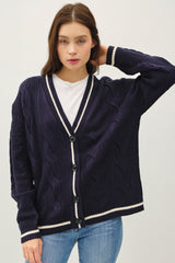 Navy Blue Be Cool Contrast Trim Cable-Knit V-Neck Cardigan