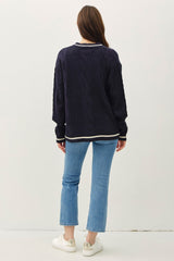 Navy Blue Be Cool Contrast Trim Cable-Knit V-Neck Cardigan