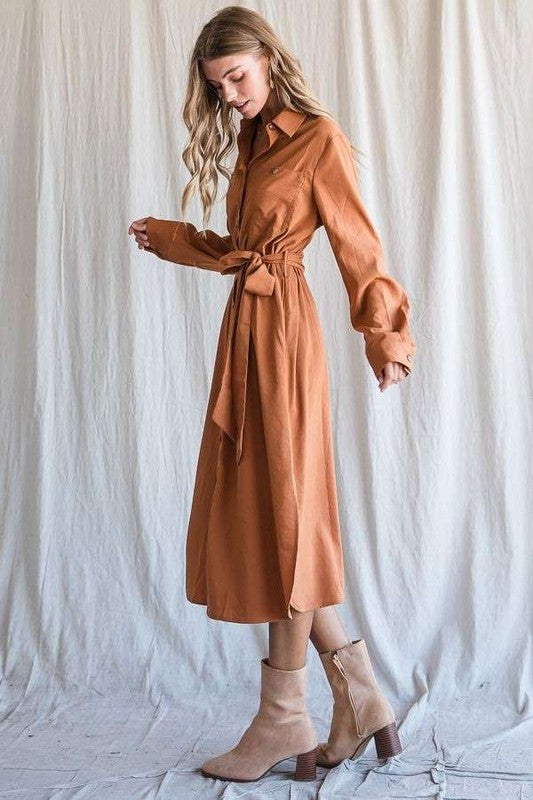 Solid Button Down Belted Long Dress