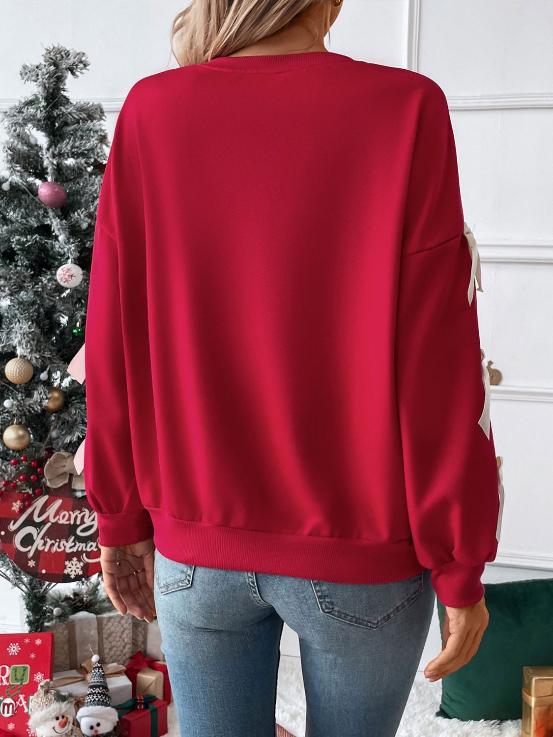 Perfee Bow Round Neck Long Sleeve Sweatshirt