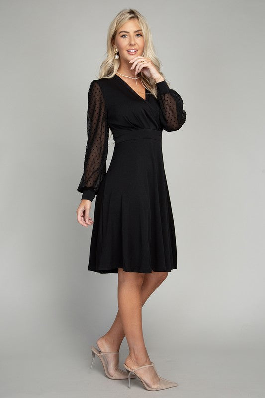 Swiss Dot puff Sleeve V neck Dress