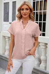 Notched Short Sleeve Blouse