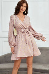 Tied Printed Surplice Long Sleeve Mini Dress